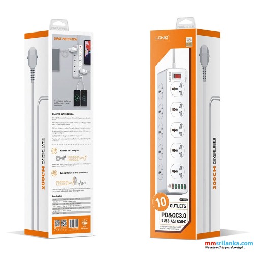 LDNIO SC10610 30W 6-Port USB Charger Power Strip (6M)